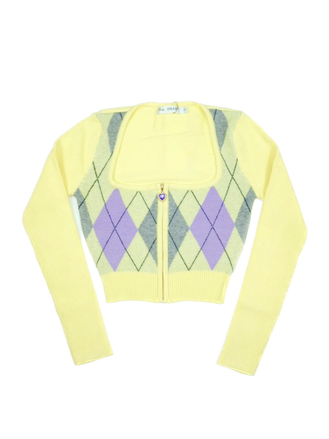 Yellow purple gray argyle long-sleeved knit top