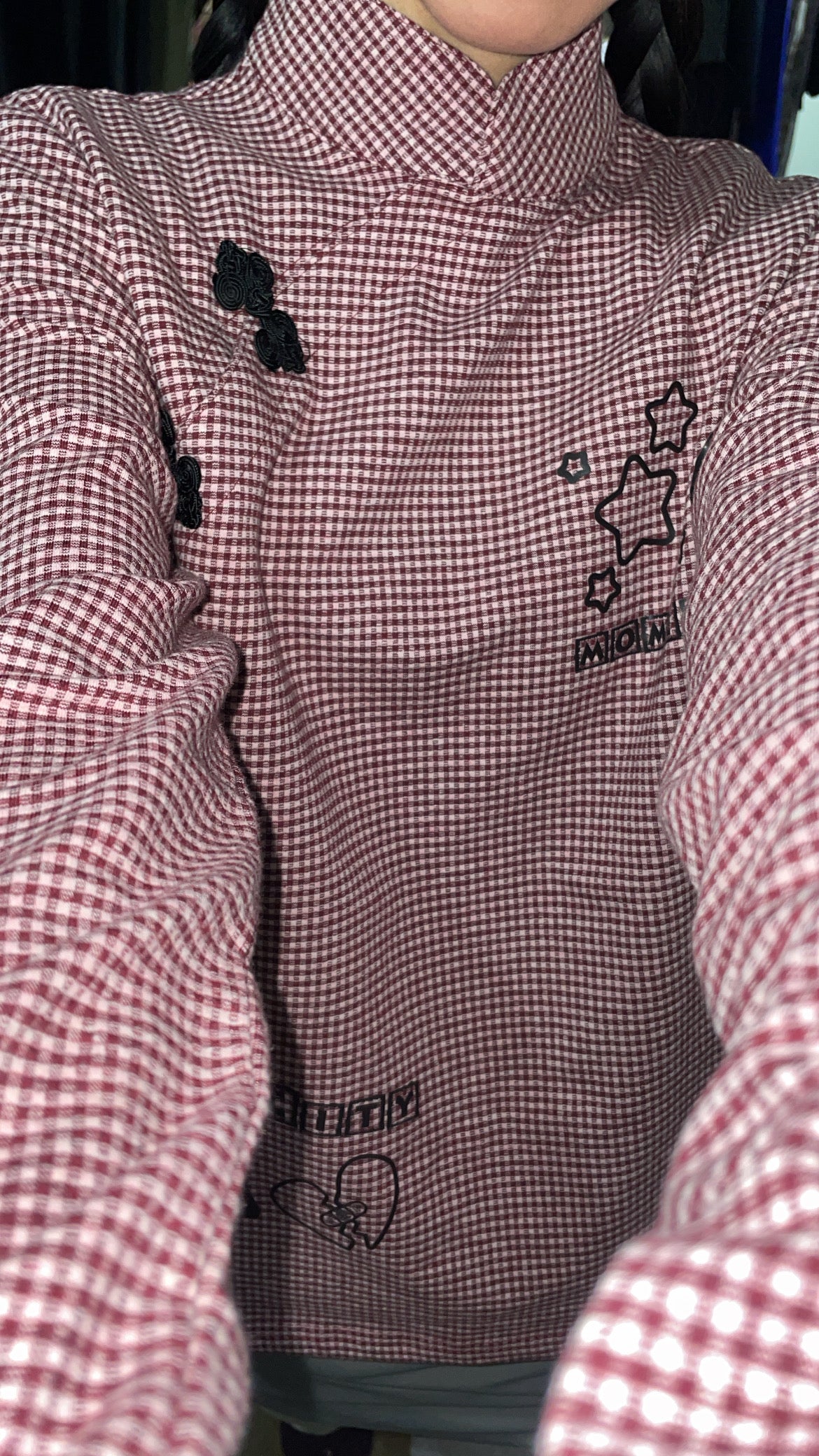 MOMENTEL Burgundy Check Button T-Shirt