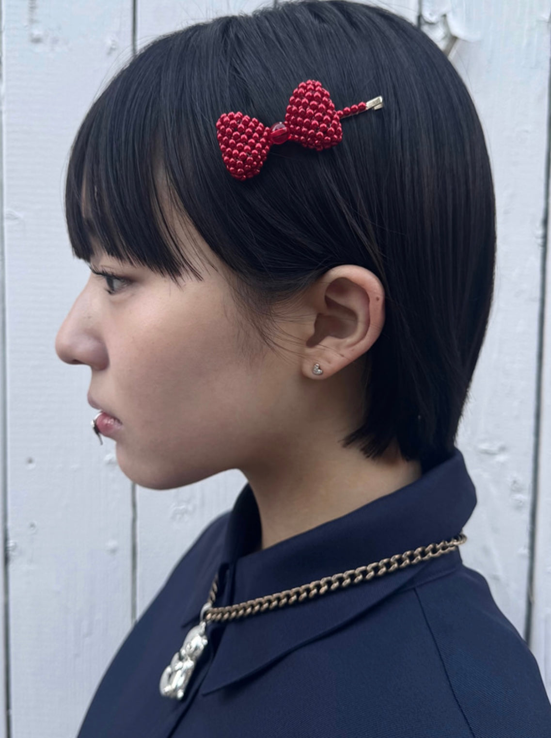 Red beads ribbon hair pin