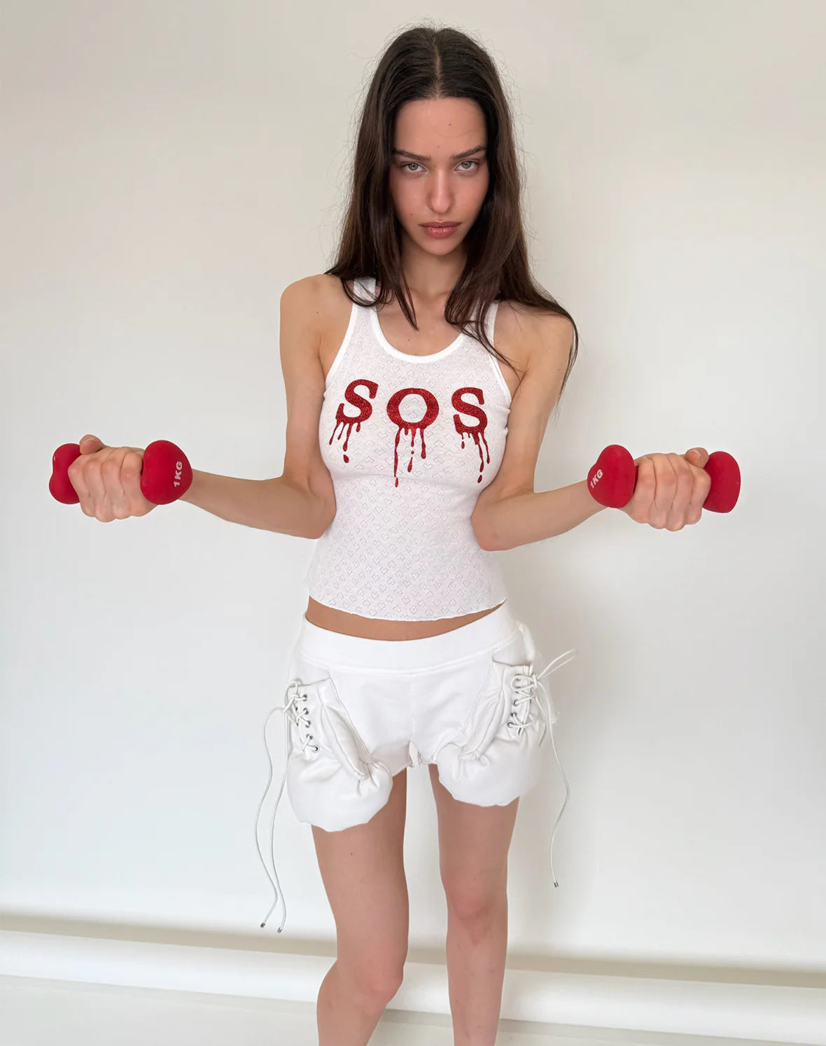 Red"SOS"Glitter White Tank Top