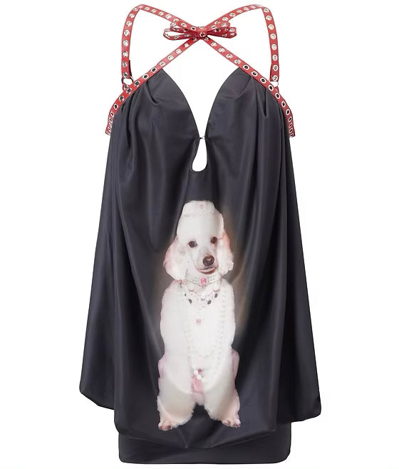 Red Belt Bow Puffy Dress with Pink Gemstone Poodle