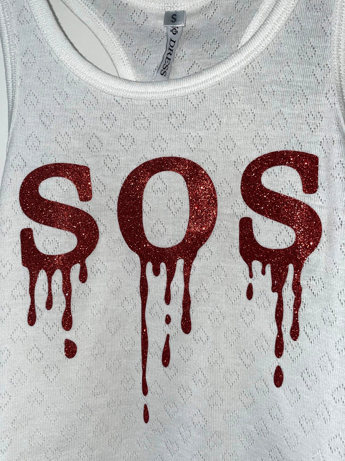 Red"SOS"Glitter White Tank Top