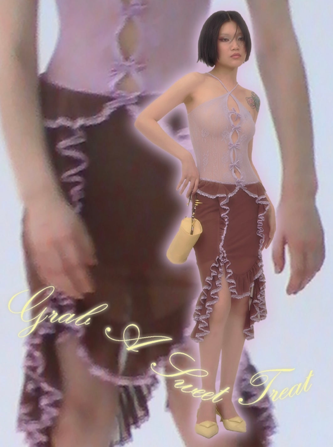 brown ruffled netting skirt with lace trim