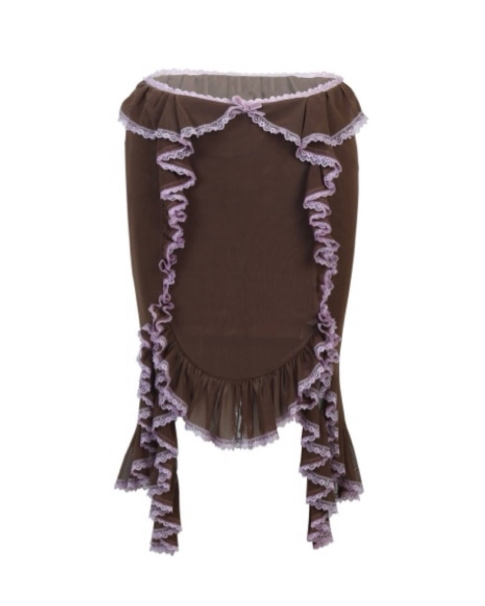 brown ruffled netting skirt with lace trim
