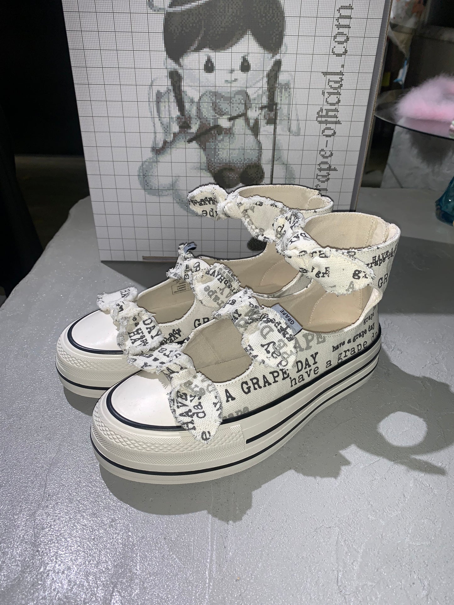 White Printed Canvas Bow High-waist Sneaker