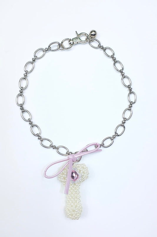 "Romandick" white beads purple Bow necklace