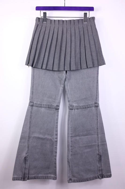 Gray pleated skirt & flared jeans set