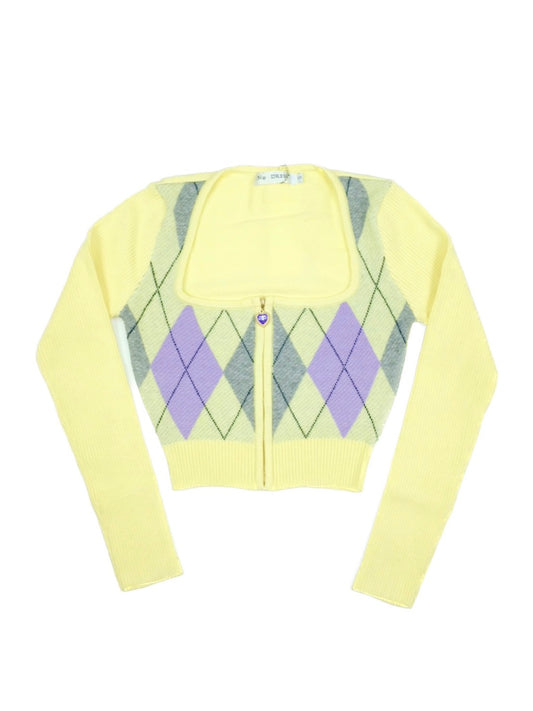 Yellow purple gray argyle long-sleeved Knit top