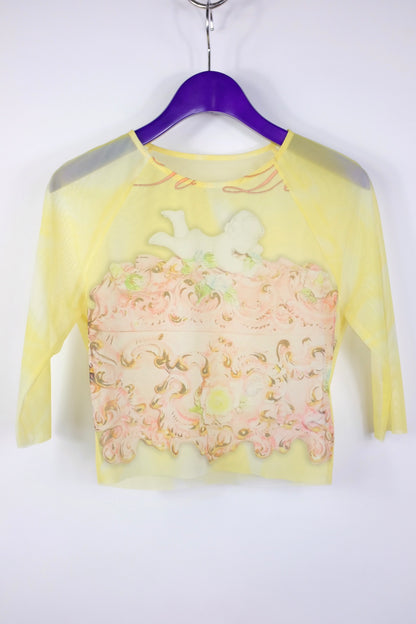 Yellow angle cake print netting T-shirt