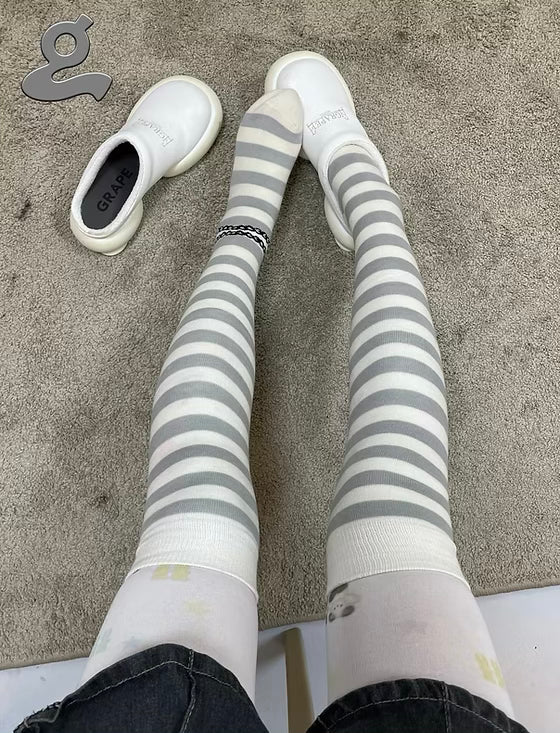 Striped Knee High Socks Grey