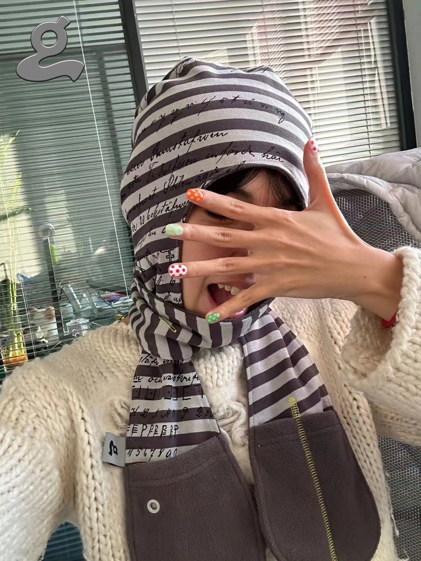Code Print Striped 2-in-1 Hooded Scarf
