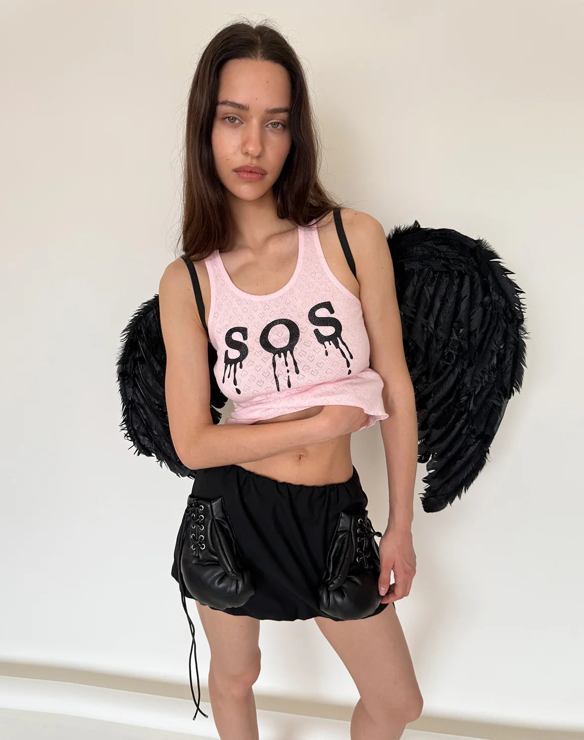Black"SOS"Glotter Pink Tank Top