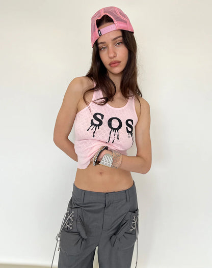 Black"SOS"Glotter Pink Tank Top