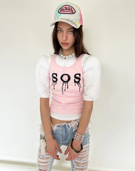 Black"SOS"Glotter Pink Tank Top