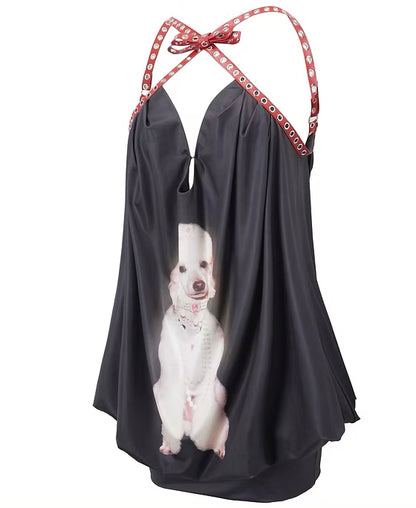 Red Belt Bow Puffy Dress with Pink Gemstone Poodle