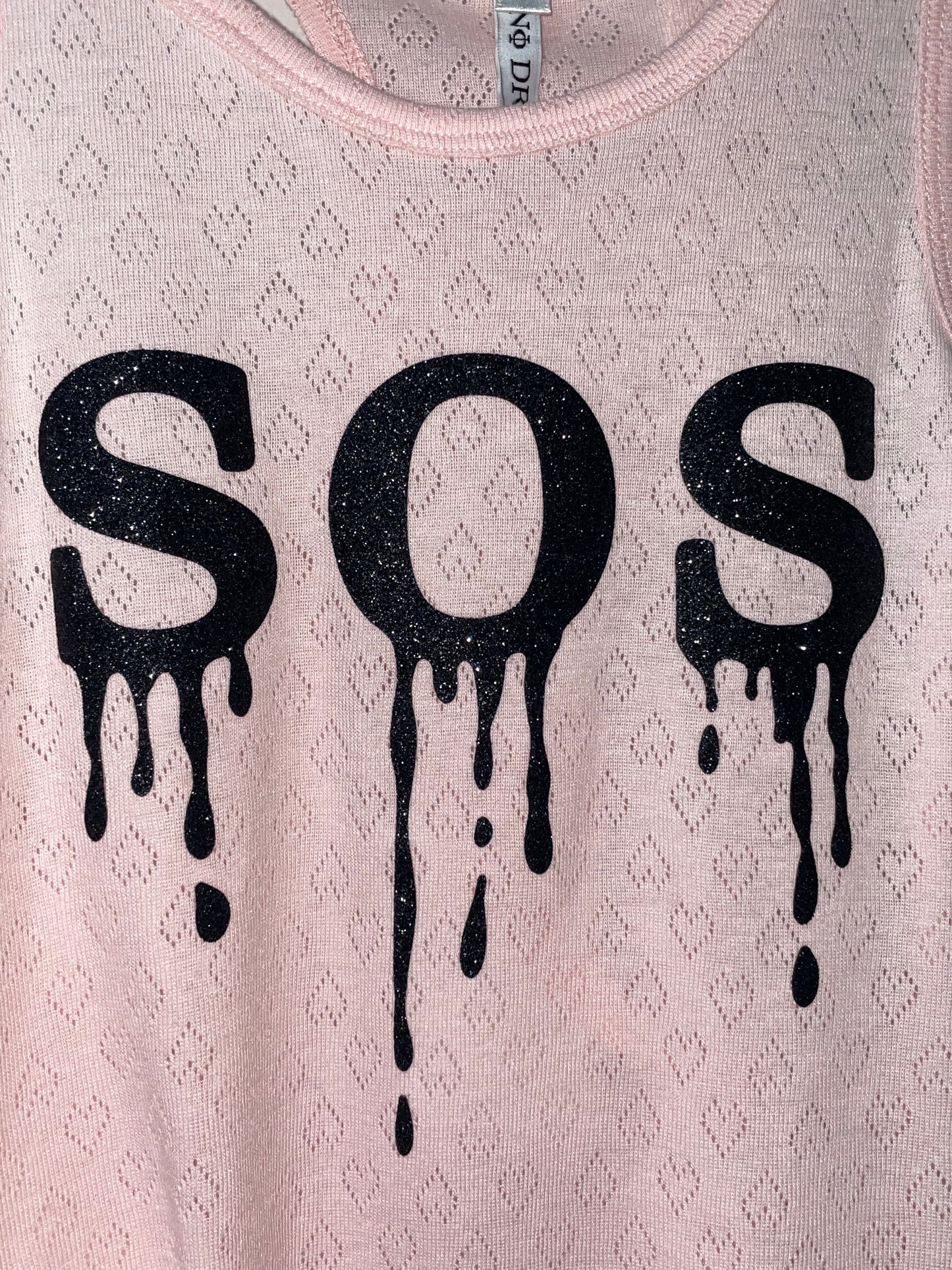 Black"SOS"Glotter Pink Tank Top