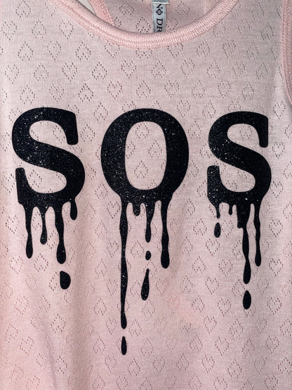 Black"SOS"Glotter Pink Tank Top