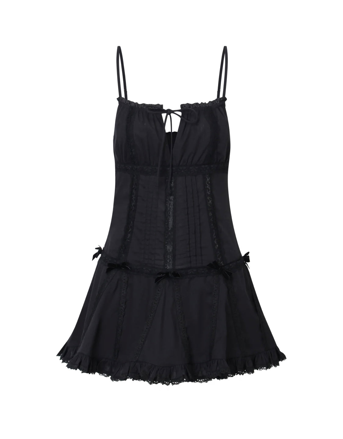 Nodress black lace trim pleated cotton dress