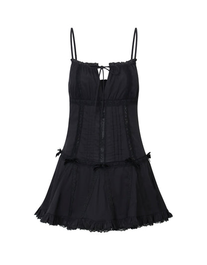 Nodress black lace trim pleated cotton dress