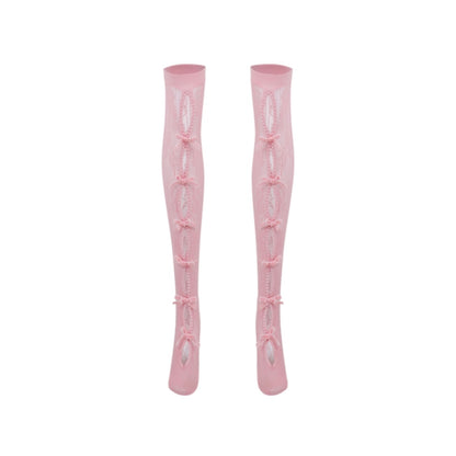 Nodress pink bownot black lace mid-calf socks