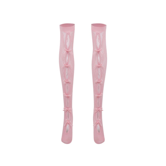 Nodress pink bownot black lace mid-calf socks