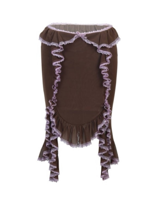 lace trim brown ruffled netting skirt