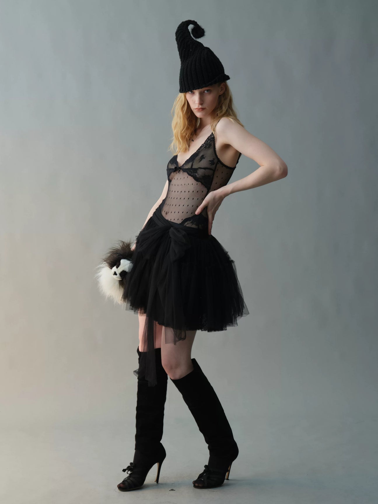 Elf Black Pom-Pom Knit Beanie