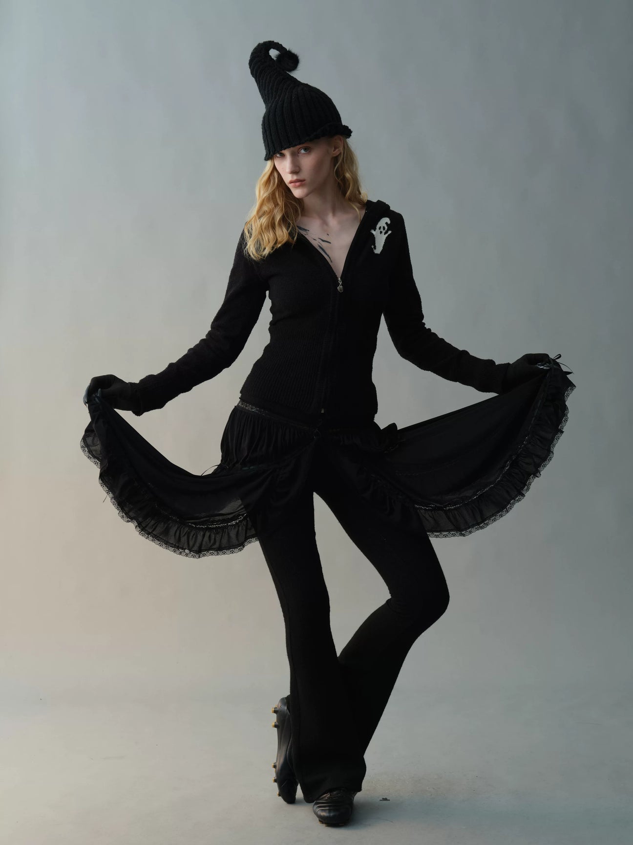 Black Flared Hem Knit Slim Pants