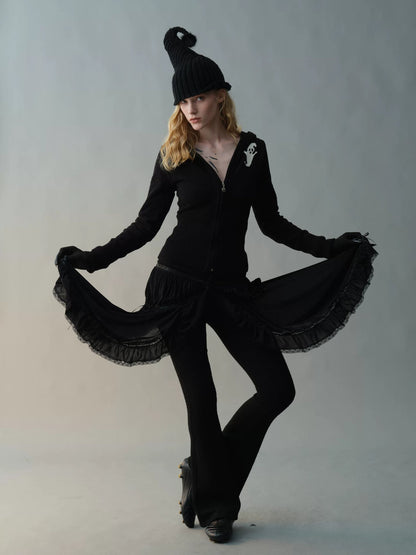 Black Flared Hem Knit Slim Pants