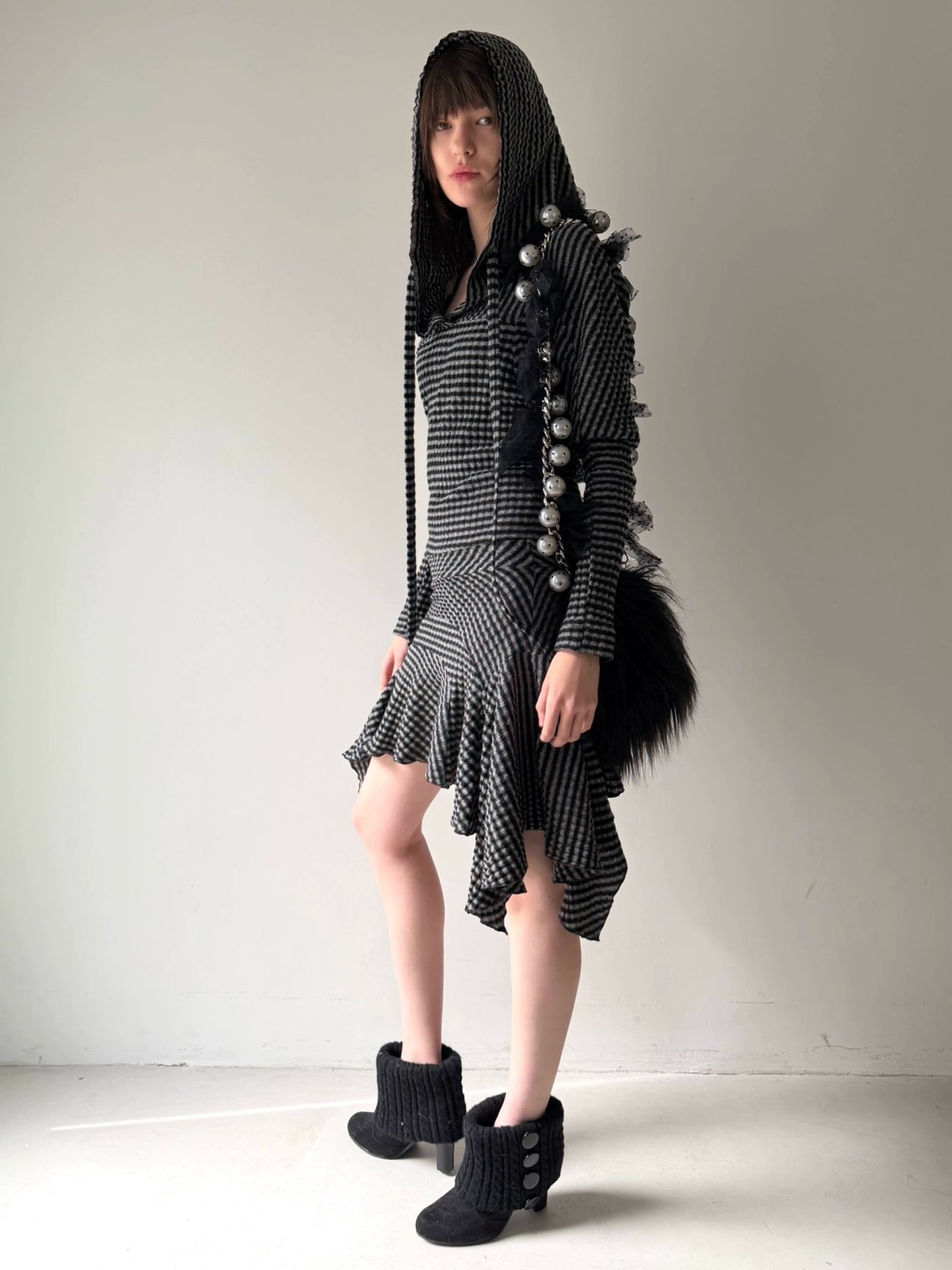 Black & White Striped Knit Hoodie Dress