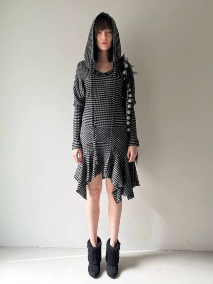 Black & White Striped Knit Hoodie Dress