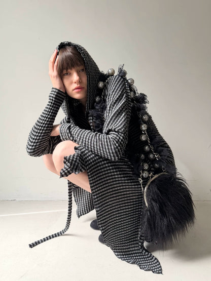 Black & White Striped Knit Hoodie Dress