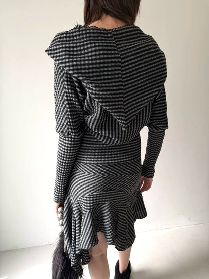 Black & White Striped Knit Hoodie Dress