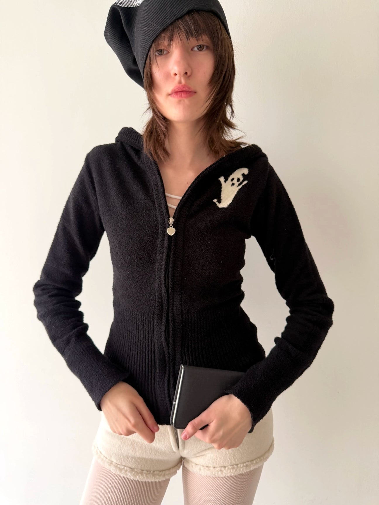 Black Hooded Knit Cardigan with Devil Motif