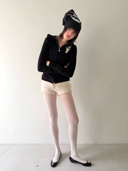 Black Hooded Knit Cardigan with Devil Motif