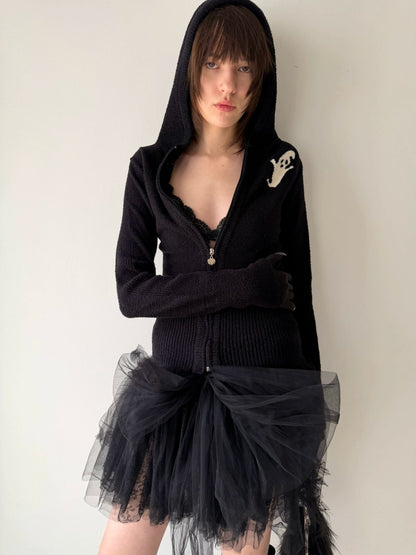 Black Hooded Knit Cardigan with Devil Motif