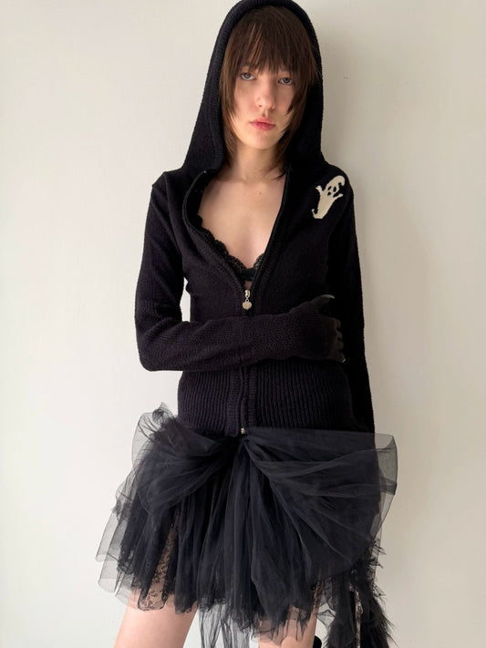 Black Hooded Knit Cardigan with Devil Motif