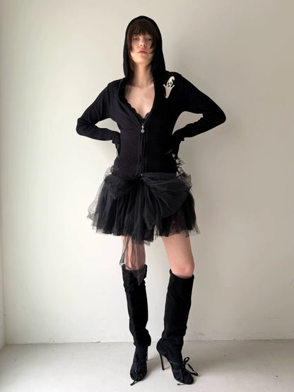 Black Hooded Knit Cardigan with Devil Motif