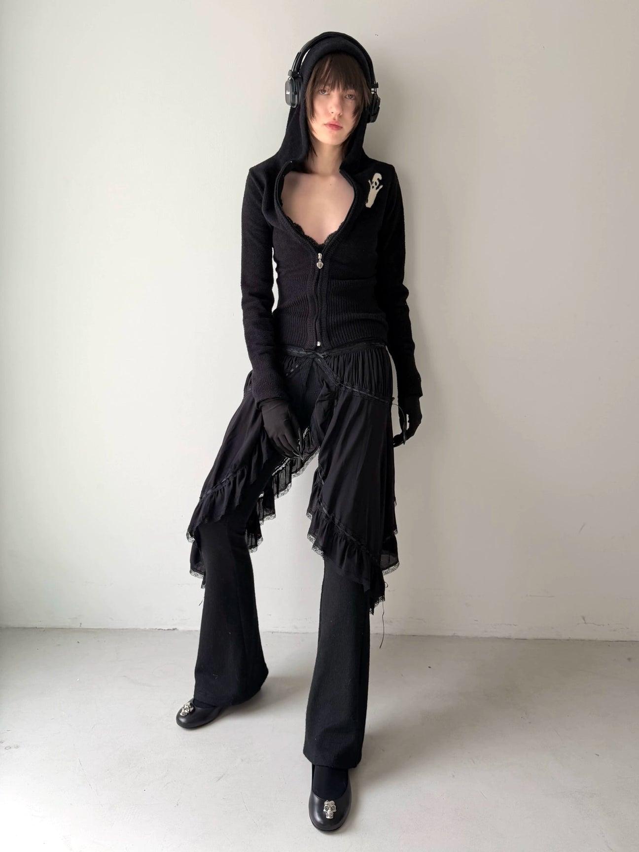 Black Flared Hem Knit Slim Pants