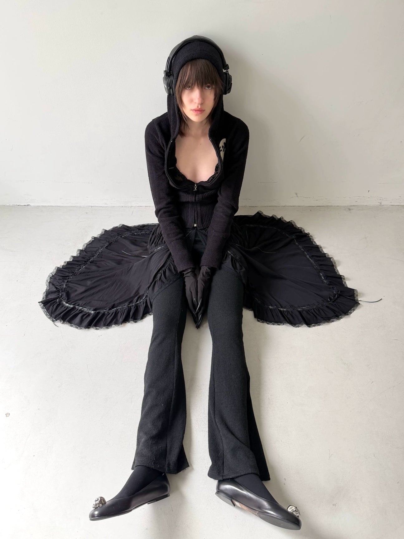 Black Hooded Knit Cardigan with Devil Motif