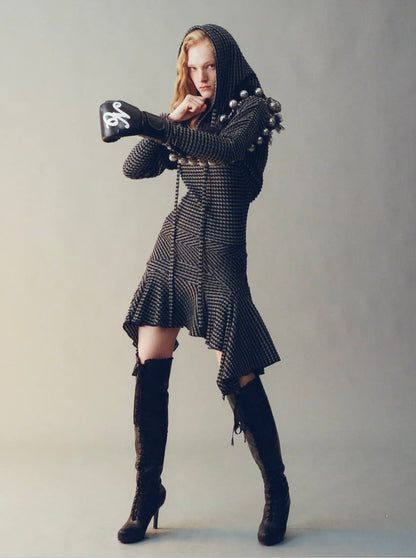 Black & White Striped Knit Hoodie Dress