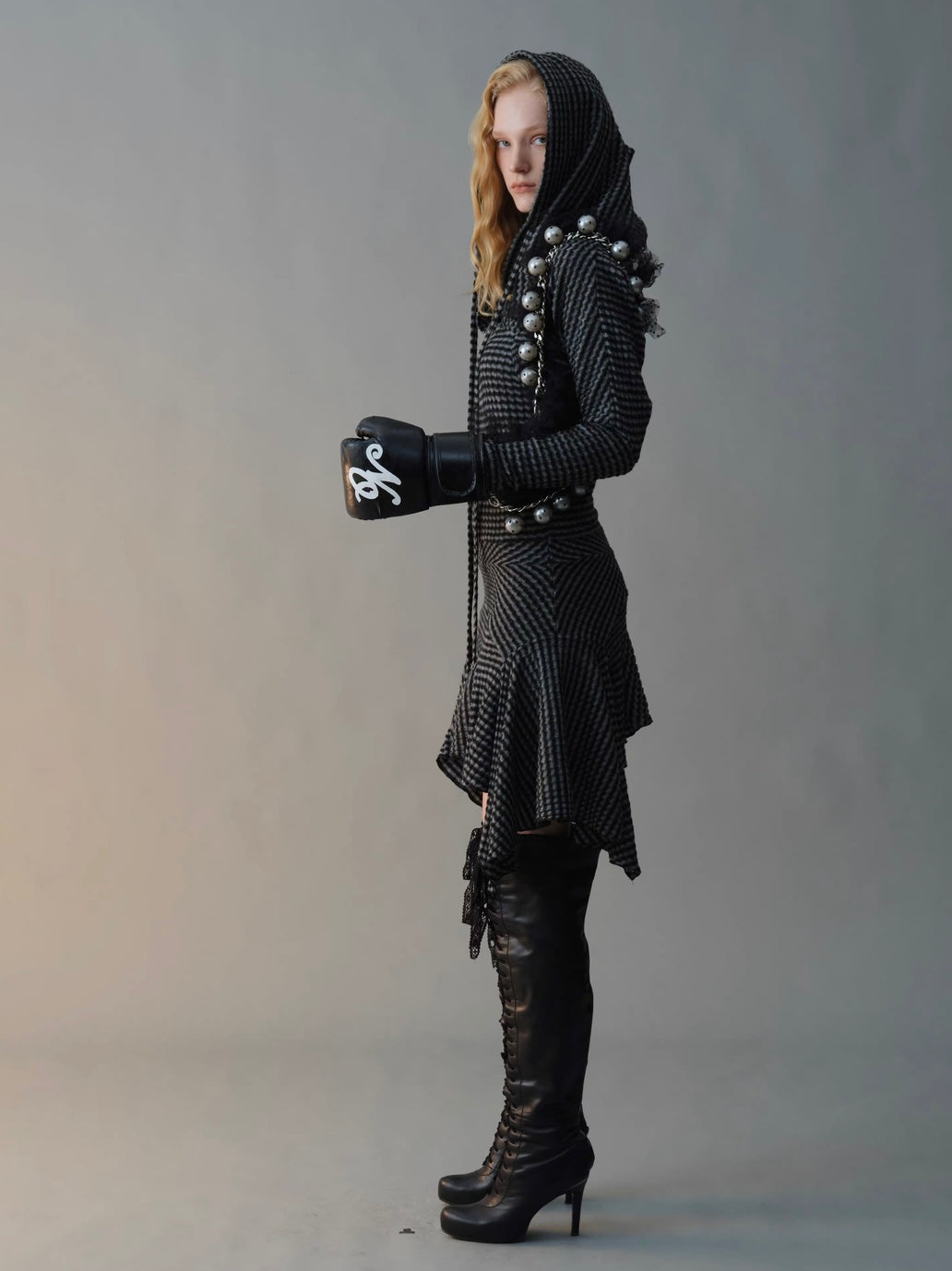 Black & White Striped Knit Hoodie Dress