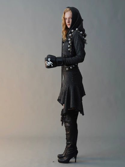 Black & White Striped Knit Hoodie Dress