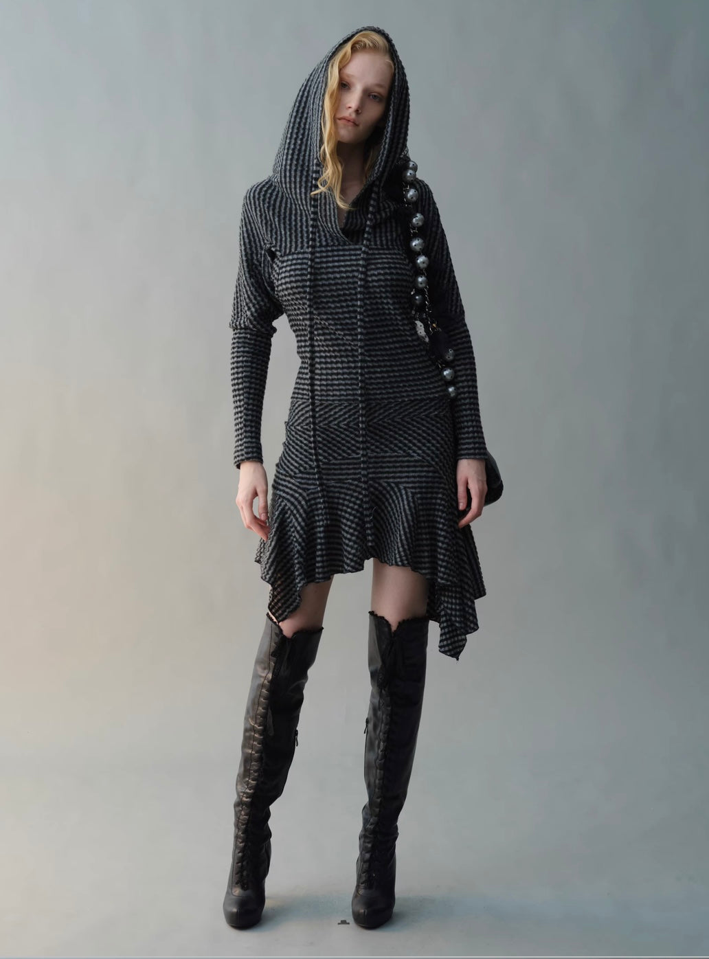 Black & White Striped Knit Hoodie Dress