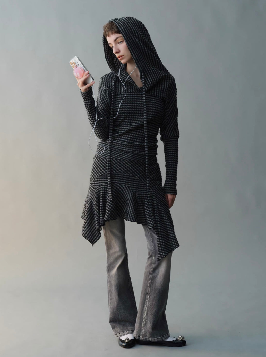 Black & White Striped Knit Hoodie Dress