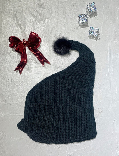 Elf Black Pom-Pom Knit Beanie